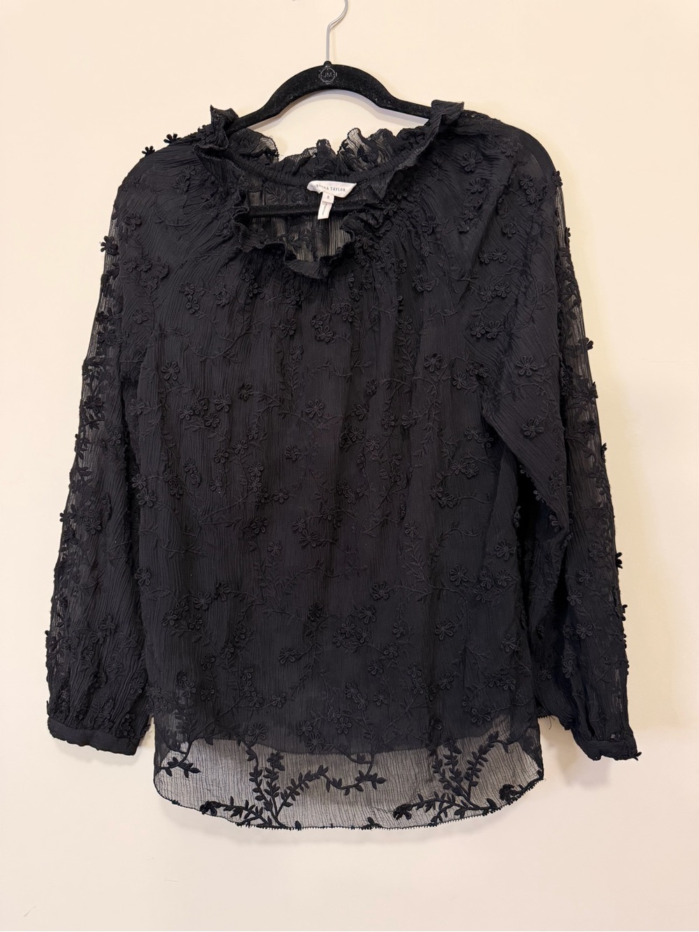 Rebecca Taylor Black Floral Appliqué Ruffle Blouse - Size 8 - Picture 2 of 4